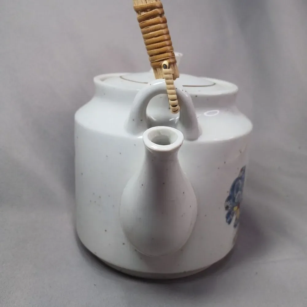 Otagiri Butterfly Tea Pot Ratten Handle Ceramic Vintage MCM Boho Japan